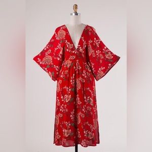 Bright Red Floral Kimono Dress